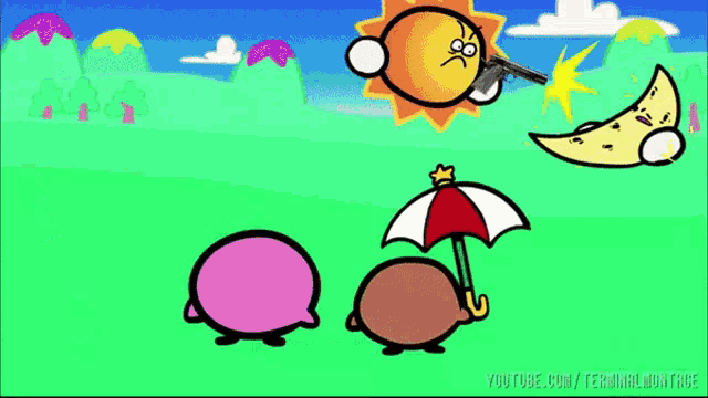 a cartoon of a sun holding a gun and a moon holding a beach ball