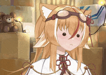 a girl with a cat ear is wearing goggles
