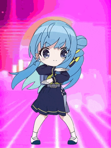 a girl with blue hair is dancing on a purple background