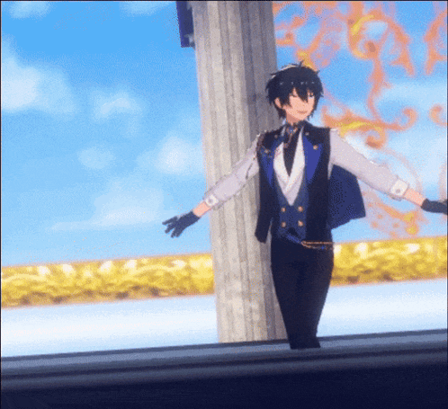 a man in a tuxedo with his arms outstretched is standing next to a pillar