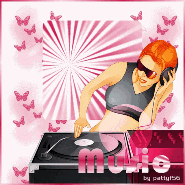 a woman is playing music on a turntable with the words music by pattyf56
