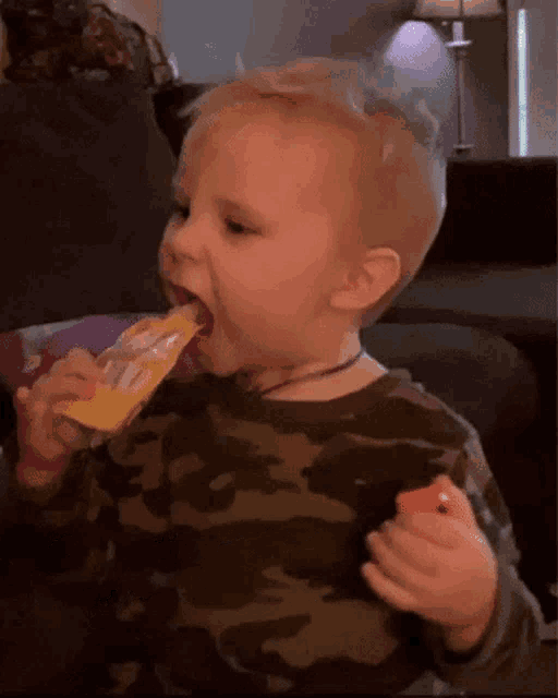 a little boy in a camo shirt is eating a snack