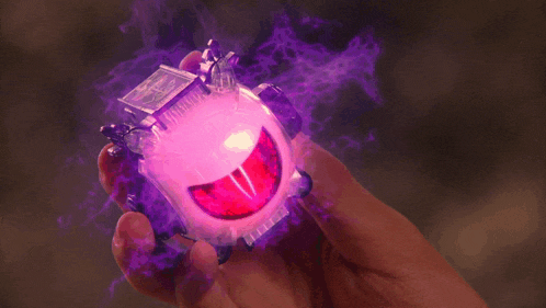 a person is holding a purple object that looks like a ghost
