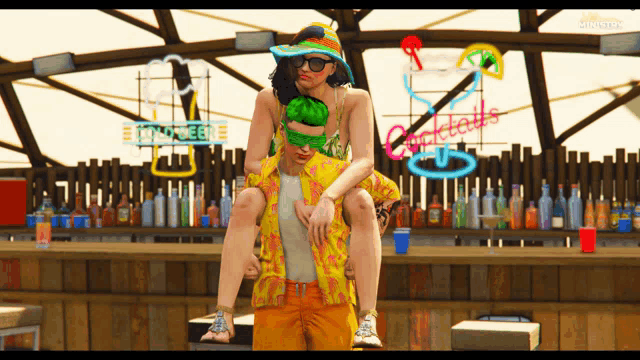 a man is carrying a woman on his shoulders in a video game