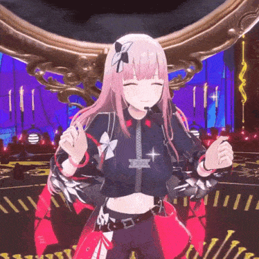 a girl with pink hair is wearing a crop top with a microphone on it