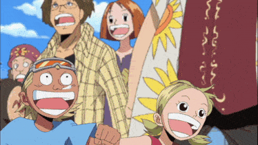 a group of people are smiling and holding hands in a cartoon scene