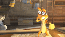 a cartoon character is standing on a wooden floor in a room with a ladder .