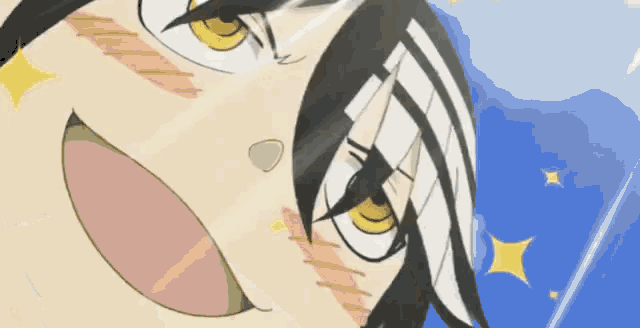 a close up of a person 's face with a blue background