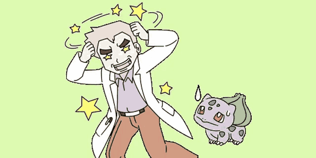 a cartoon of a man in a lab coat standing next to a pokemon