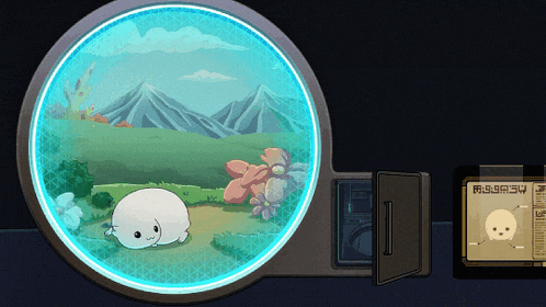 a cartoon drawing of a seal in a circle with mountains in the background and a clock that says 8:33