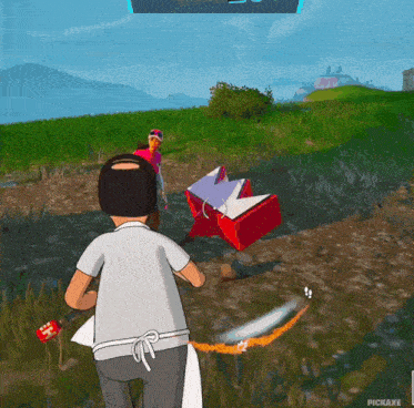 a cartoon of a man holding a red box that says ' pickaxe ' on the bottom