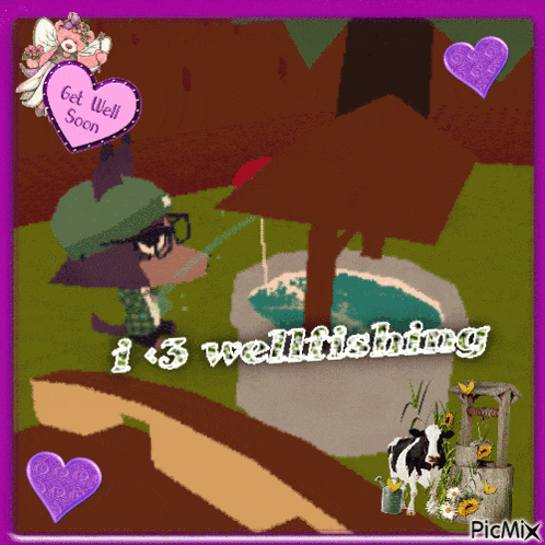 a picture of a man fishing in a well and the words get well soon