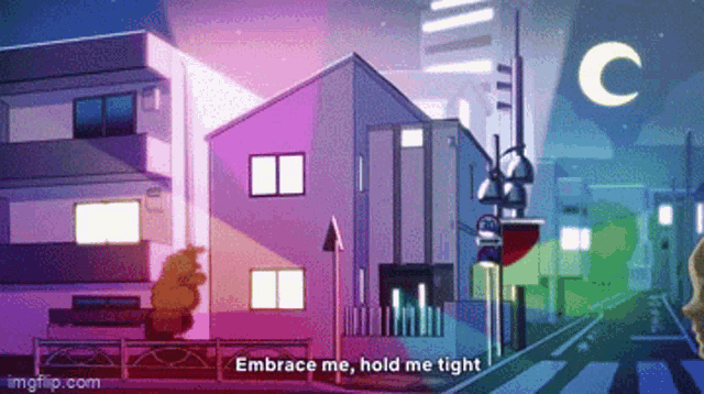 a pixel art drawing of a city street with the words embrace me hold me tight