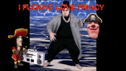 a man in a pirate hat is dancing in front of a pirate radio