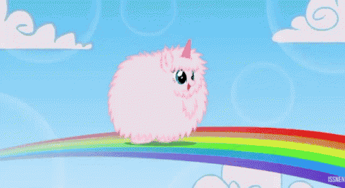 a pink fluffy unicorn sitting on a rainbow