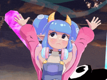 a cartoon drawing of a girl with horns holding a purple object