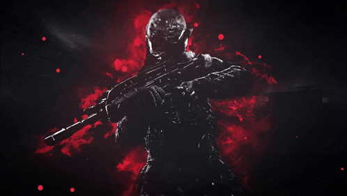a soldier is holding a gun in a dark room