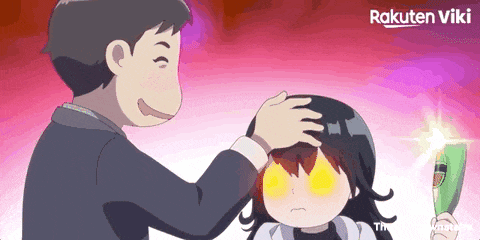a man is touching a girl 's forehead with rakuten viki written on the bottom