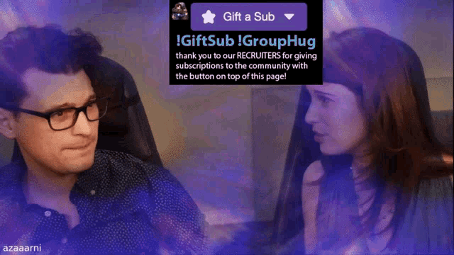 a man and a woman are looking at each other with a sign that says gift a sub