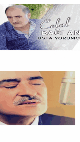 a man with a mustache is singing into a microphone with the name celal baglan on the bottom right