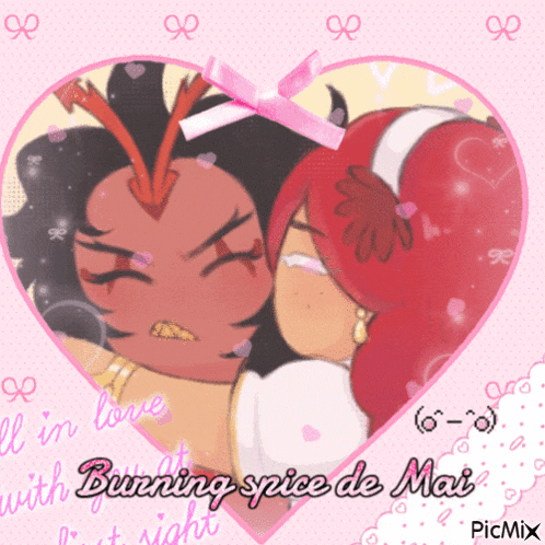a picture of two girls in a heart with the words burning spice de mai