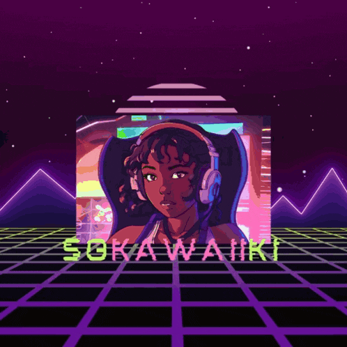 a cartoon of a girl wearing headphones with the name sokawahiri