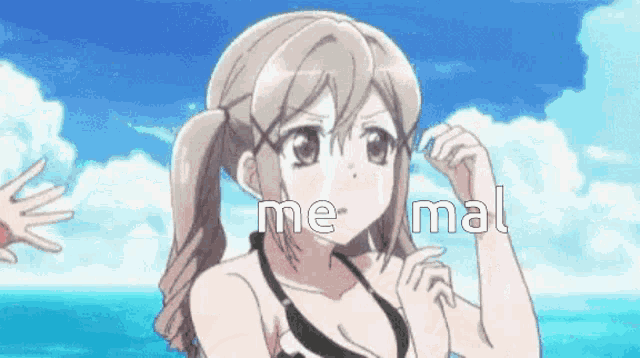 a girl in a bikini is standing in front of the ocean with the words `` me-mal '' written on her face .