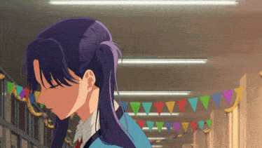 a girl with long purple hair stands in a hallway with flags hanging from the ceiling