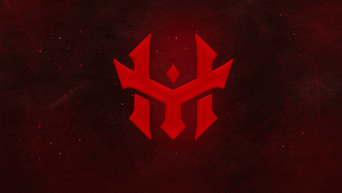 a red symbol with a diamond in the middle is on a dark red background
