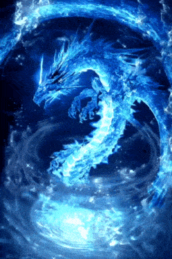 a blue dragon is surrounded by water and smoke
