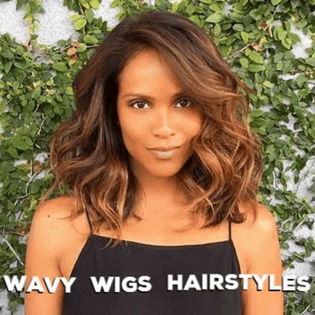 a woman with wavy brown hair is wearing a black tank top and a wig .