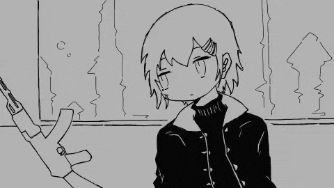 a black and white drawing of a girl with a gun .