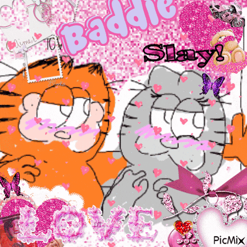 a picture of garfield and sally surrounded by pink glitter