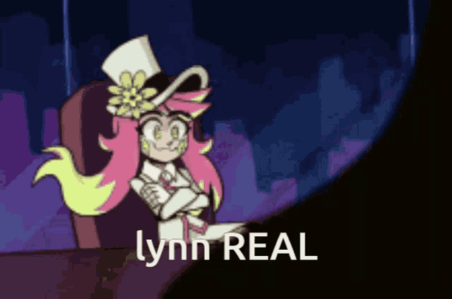 a cartoon character named lynn real is sitting at a desk