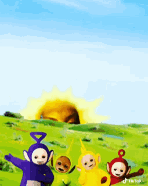 a painting of the teletubbies standing in a field