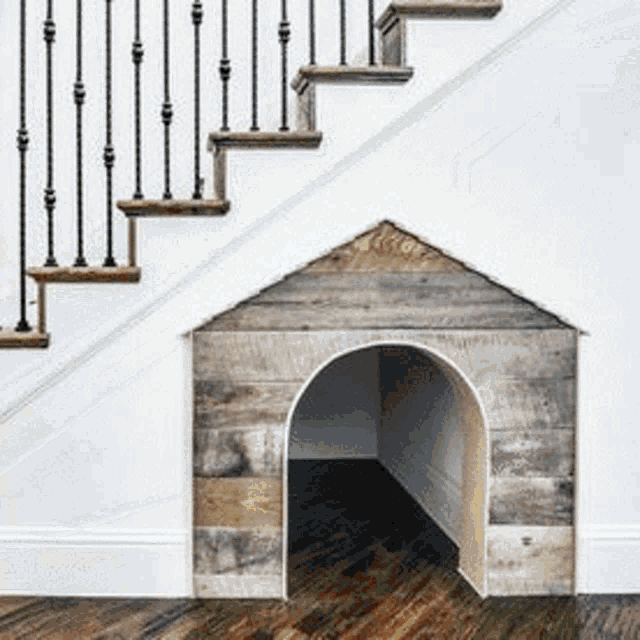 a dog house is under the stairs in a house .