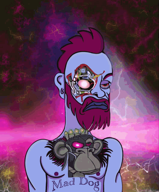 a cartoon of a man with a monkey on his chest and the word mad dog on his chest
