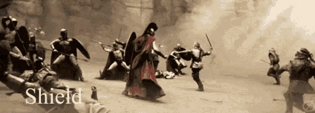 a group of soldiers are fighting each other and the word shield is on the bottom right