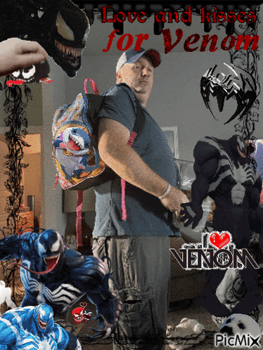 a man with a backpack stands in front of a poster that says i love venom
