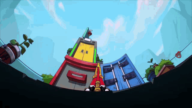 a cartoon drawing of a person standing in front of a colorful building