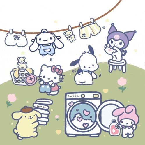 a drawing of hello kitty pompompurin and kuromi with a washing machine that says cookiedo