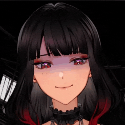 a close up of a girl with long black hair and red highlights .