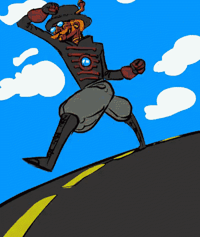 a cartoon of a man standing on the side of a road with his fist in the air