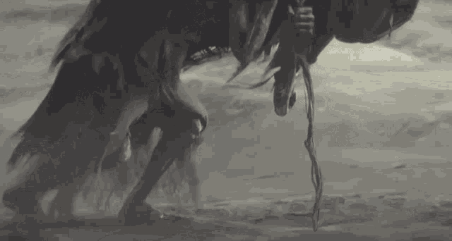 a black and white photo of a person holding a stick in the desert .