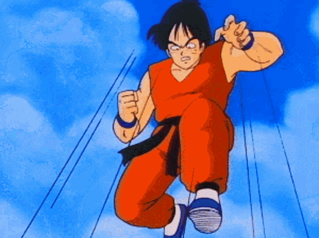 a cartoon character is jumping in the air with a fist in the air