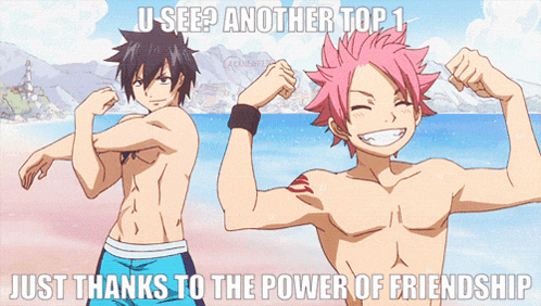 two anime characters are flexing their muscles on a beach with a caption that says just thanks to the power of friendship