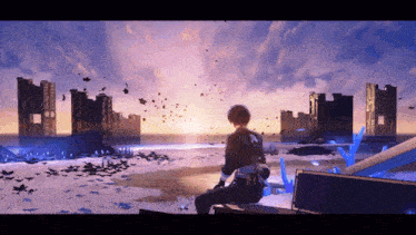 a man sitting on a ledge looking at a sunset over a body of water