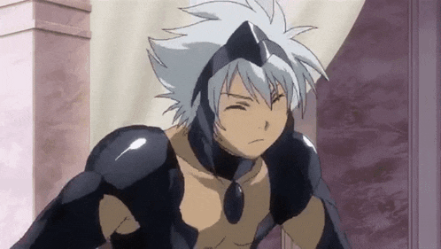 a cartoon character with white hair and black armor is standing next to a wall .