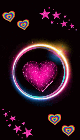 a pink heart in a neon circle with rainbow hearts and stars