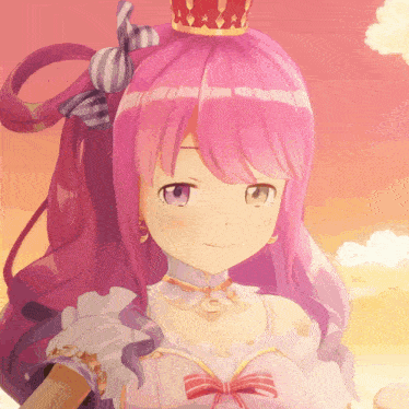 a close up of a pink haired anime girl with a crown on her head